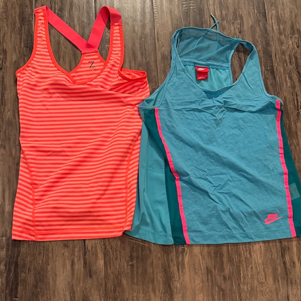 Workout Top BUNDLE: Nike Women's Teal Top w/mesh detail & ByZella Striped Orange